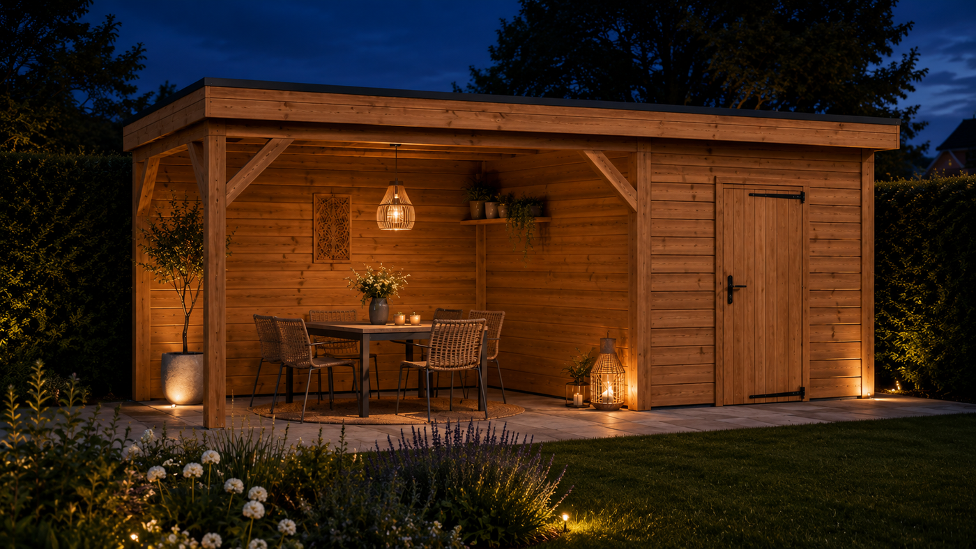 Hillhout Premium buitenverblijf in de avond met verlichting