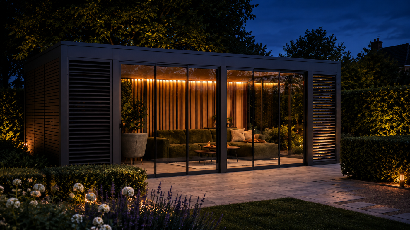 Hillhout Outline buitenverblijf in de avond met verlichting