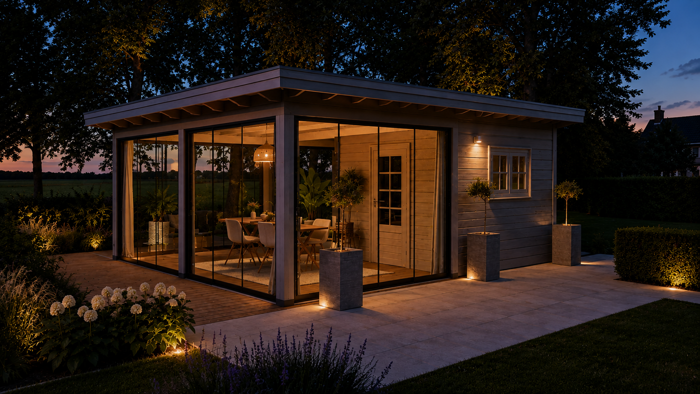 Hillhout Prestige buitenverblijf in de avond met verlichting