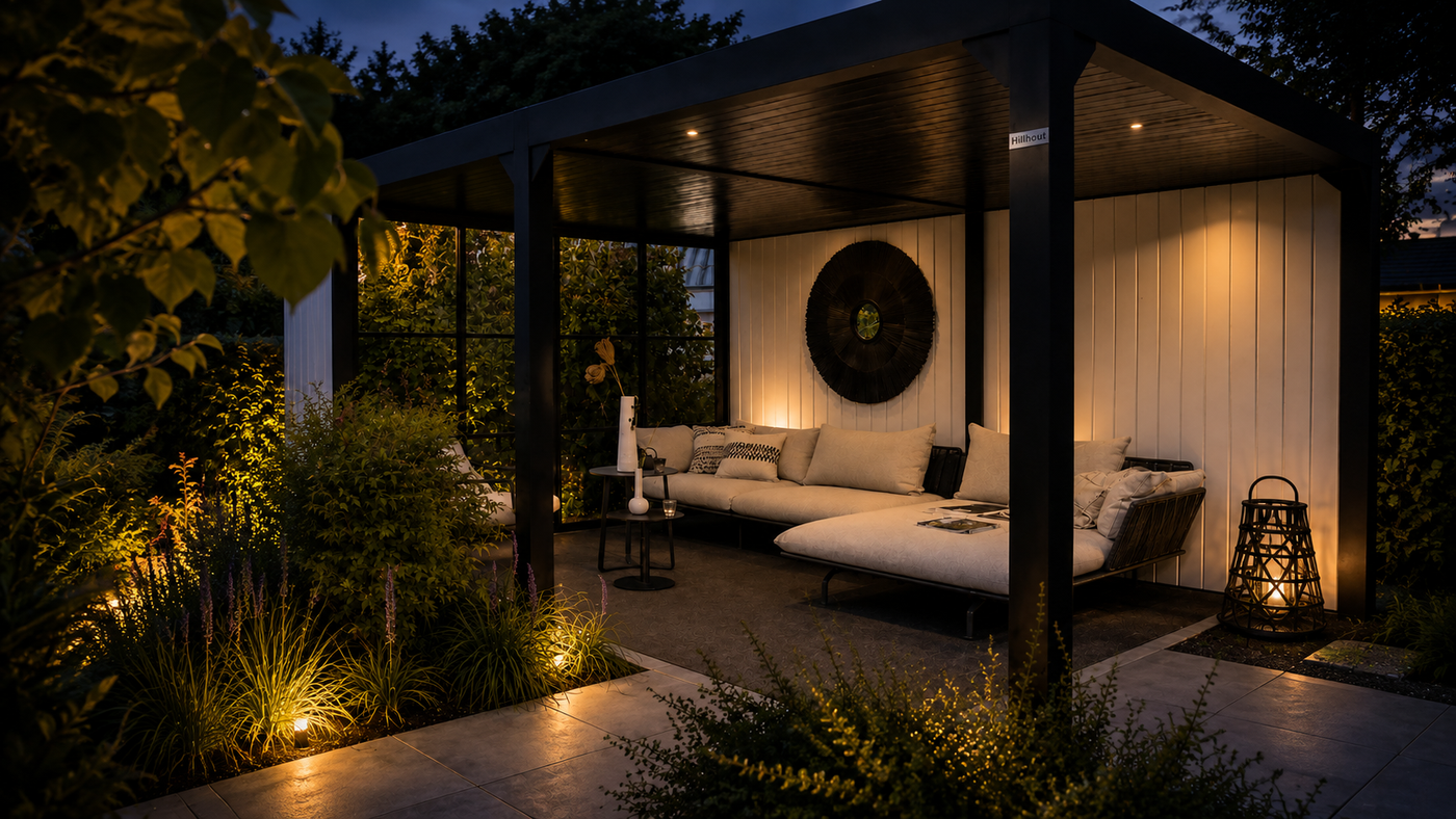 Hillhout Allure buitenverblijf in de avond met verlichting