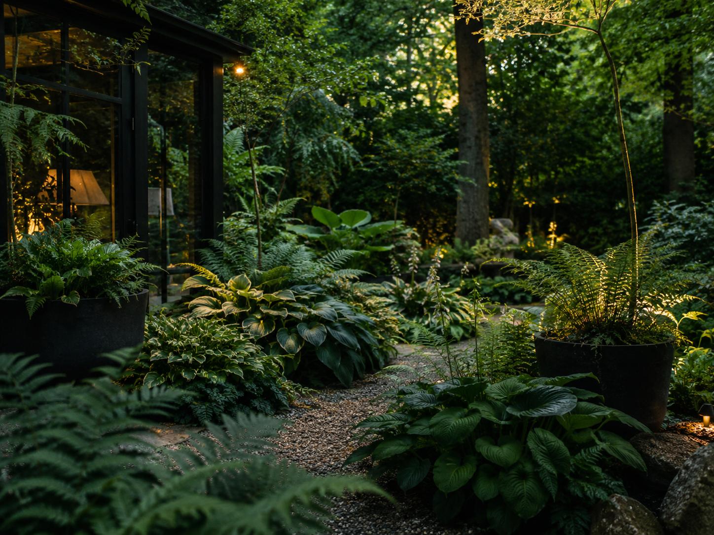 Botanisch terras met varens, hosta en grote bladvormen in potten