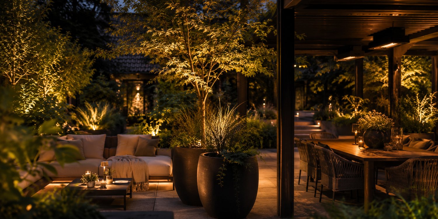 Sfeervol terras met beplanting in grote potten en warme verlichting