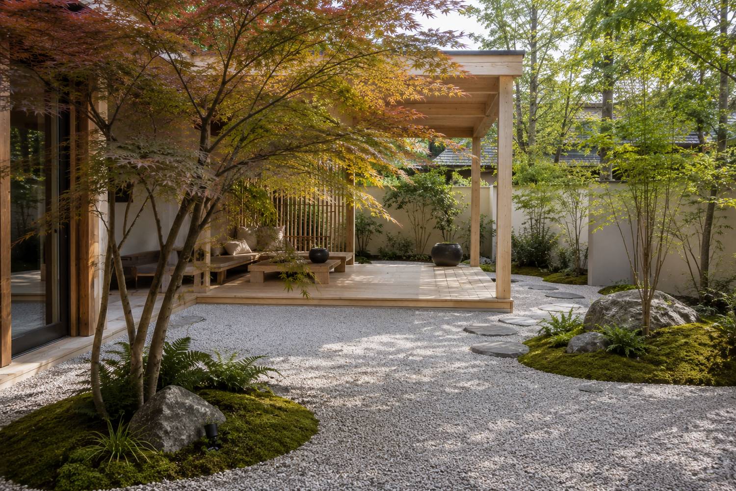 Japandi terras met japanse esdoorn, grind en licht hout