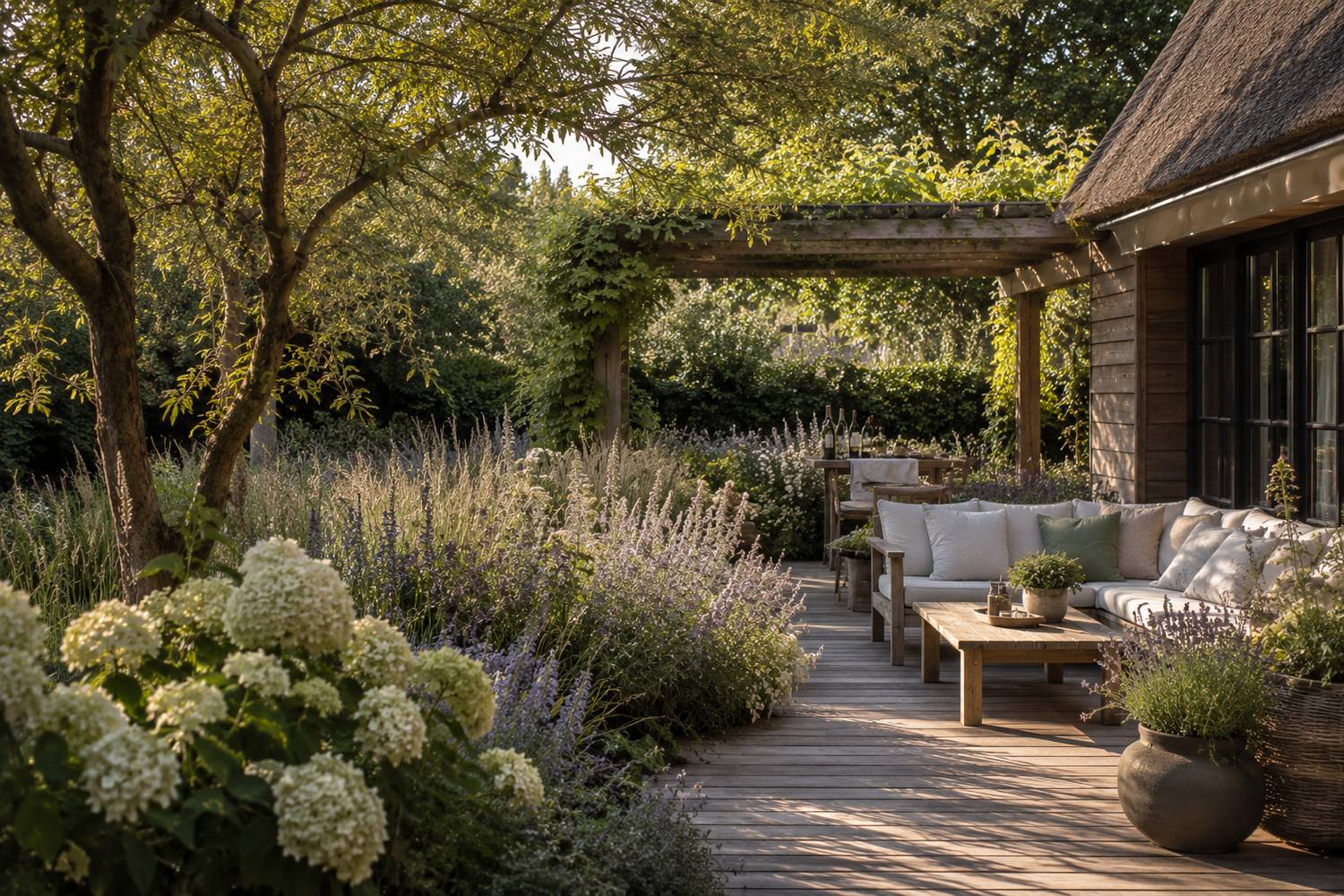 Landelijk terras met hortensia, bloeiende vaste planten en houten meubels
