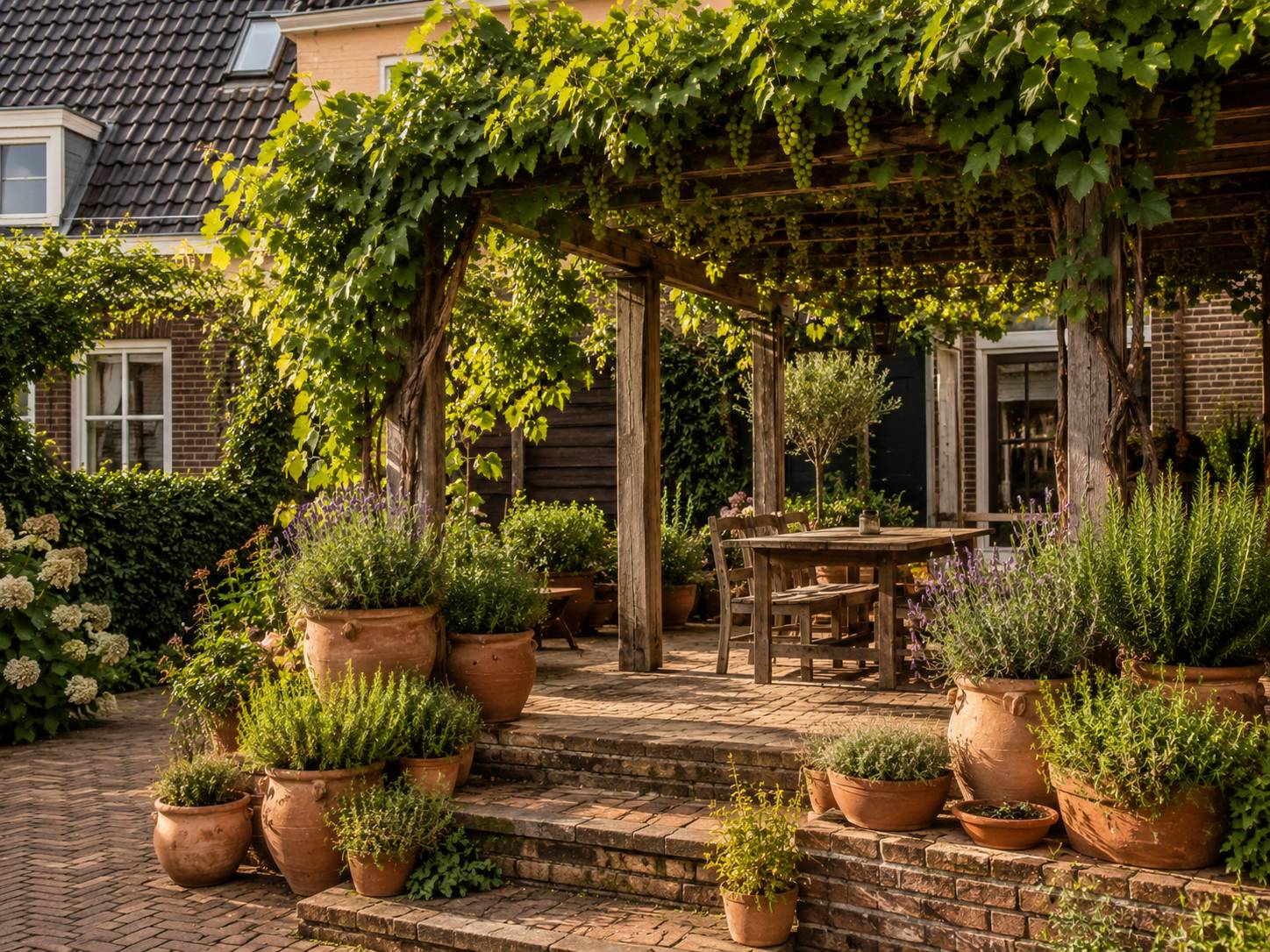 Mediterraan terras met pergola, druif en terracotta potten met kruiden
