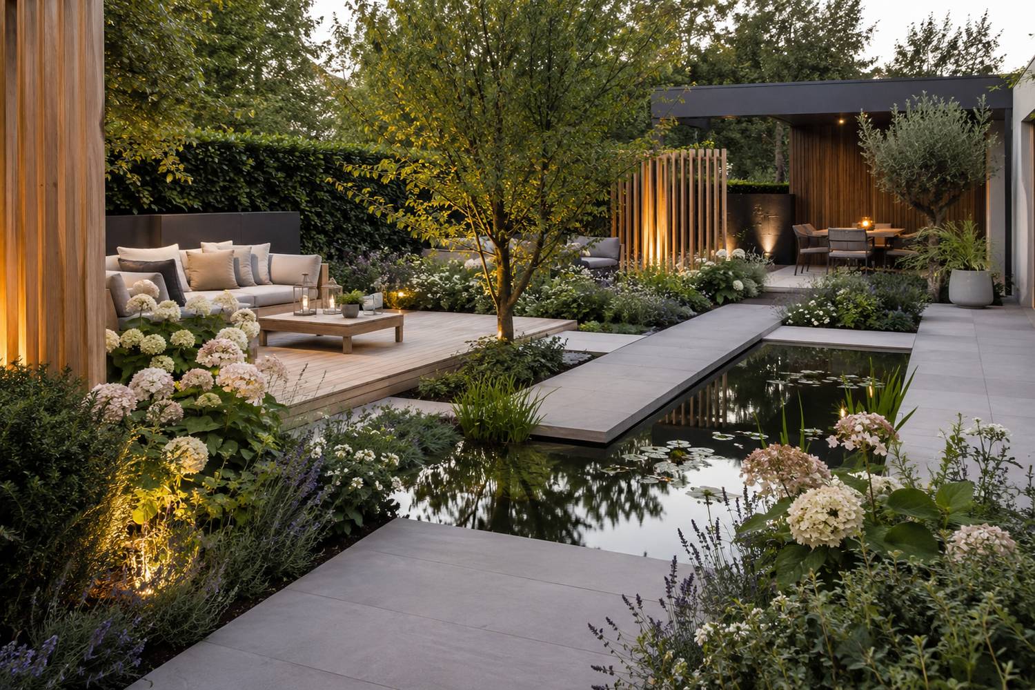 Modern terras met cortenstalen plantenbakken en strak gesnoeid groen