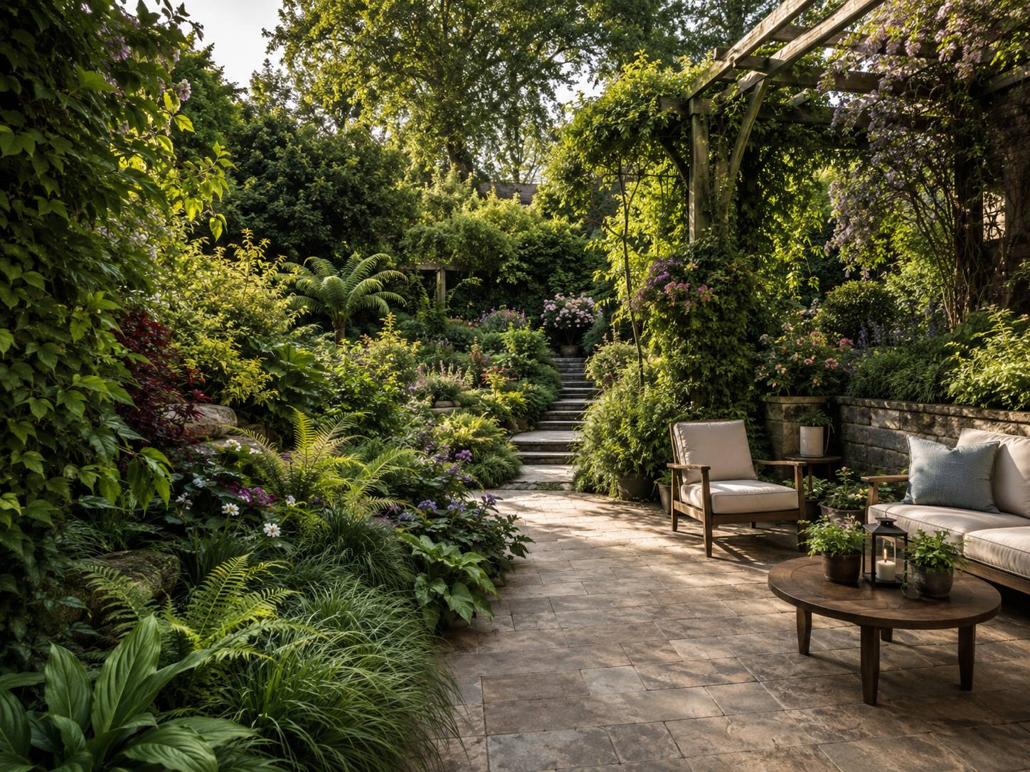 Botanisch groen terras met veel bladvormen