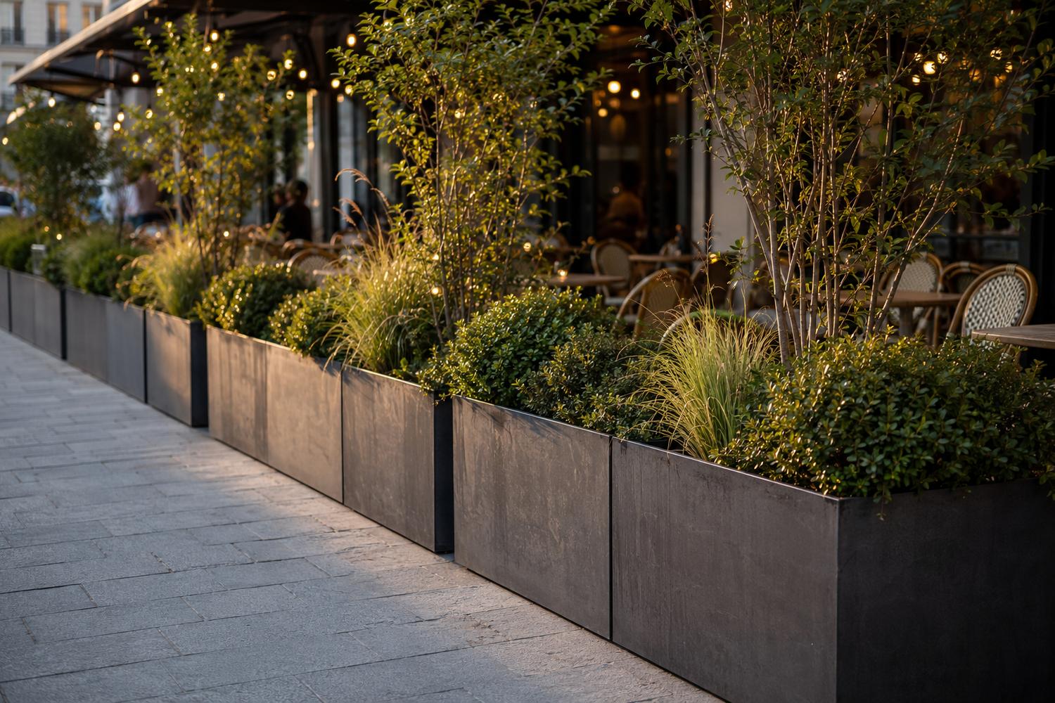Restaurantterras met groene afscheiding langs de buitenrand
