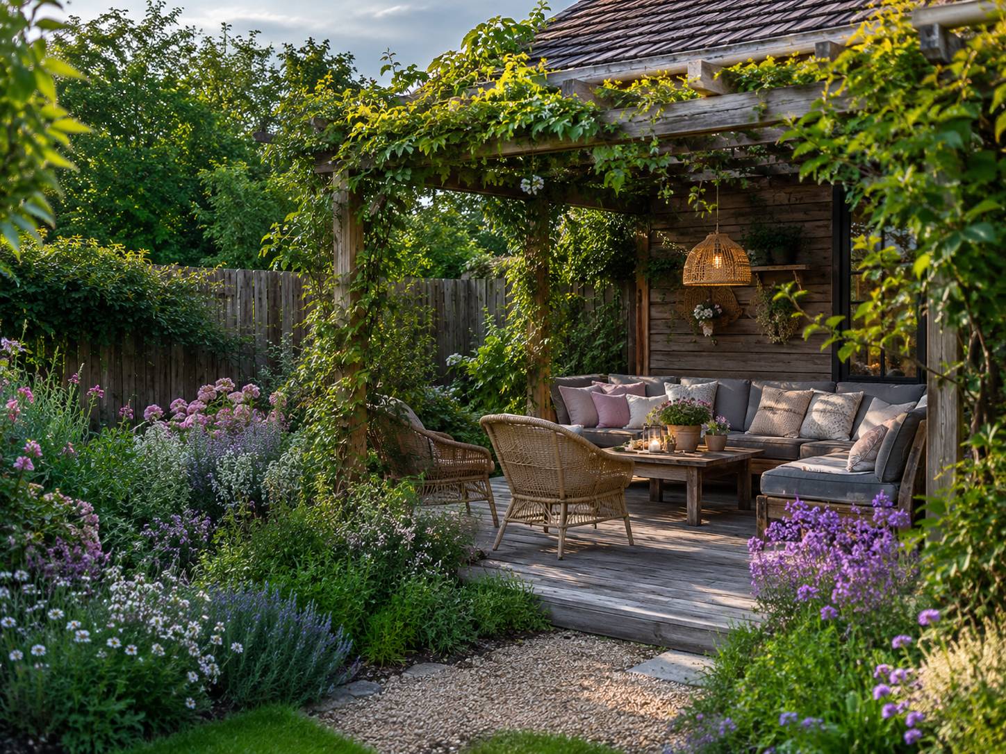 Landelijk terras met hout en bloeiende beplanting