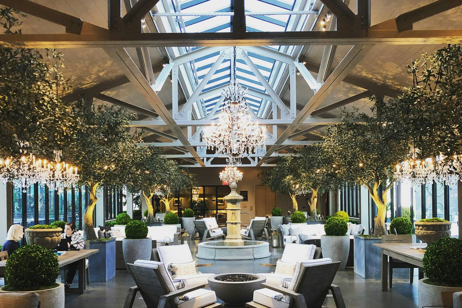 Hotelbuitenruimte met bomen in grote plantenbakken